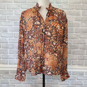 Anthropologie Pilcro Tavi Blouse Long Sleeve Floral Bird Print Boho Womens Med